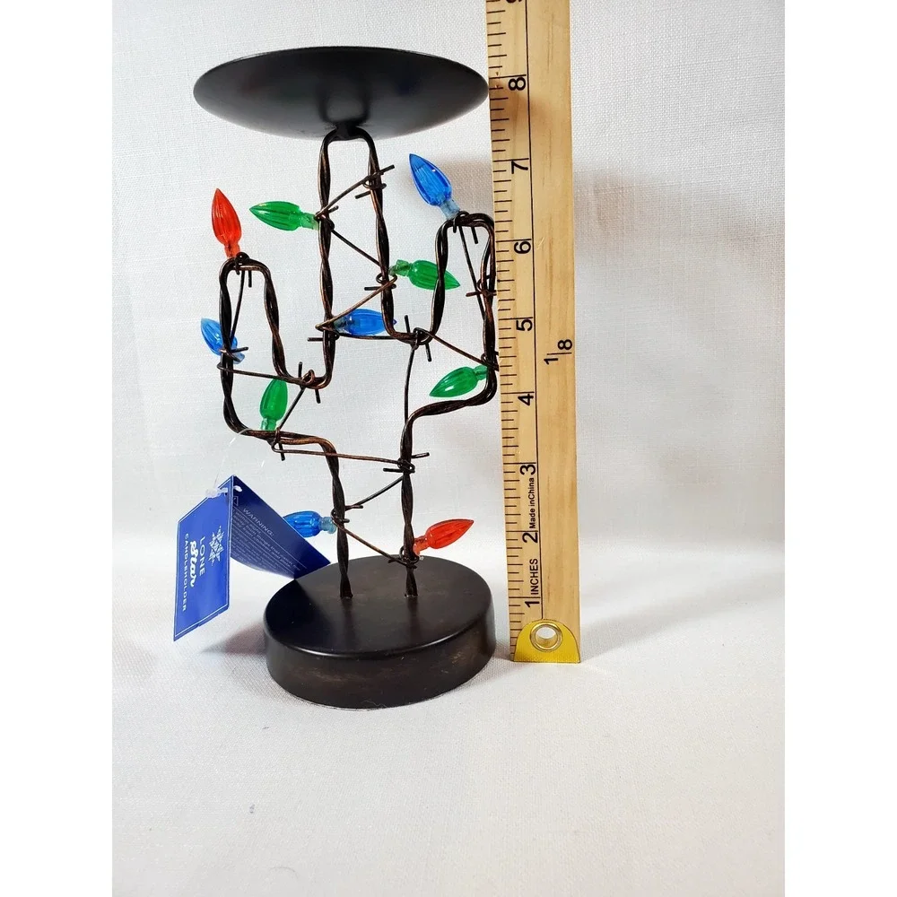 Barbwired Cactus Pillar Candle Holder, Colored Bulb Lights Southwest Décor ● NEW
